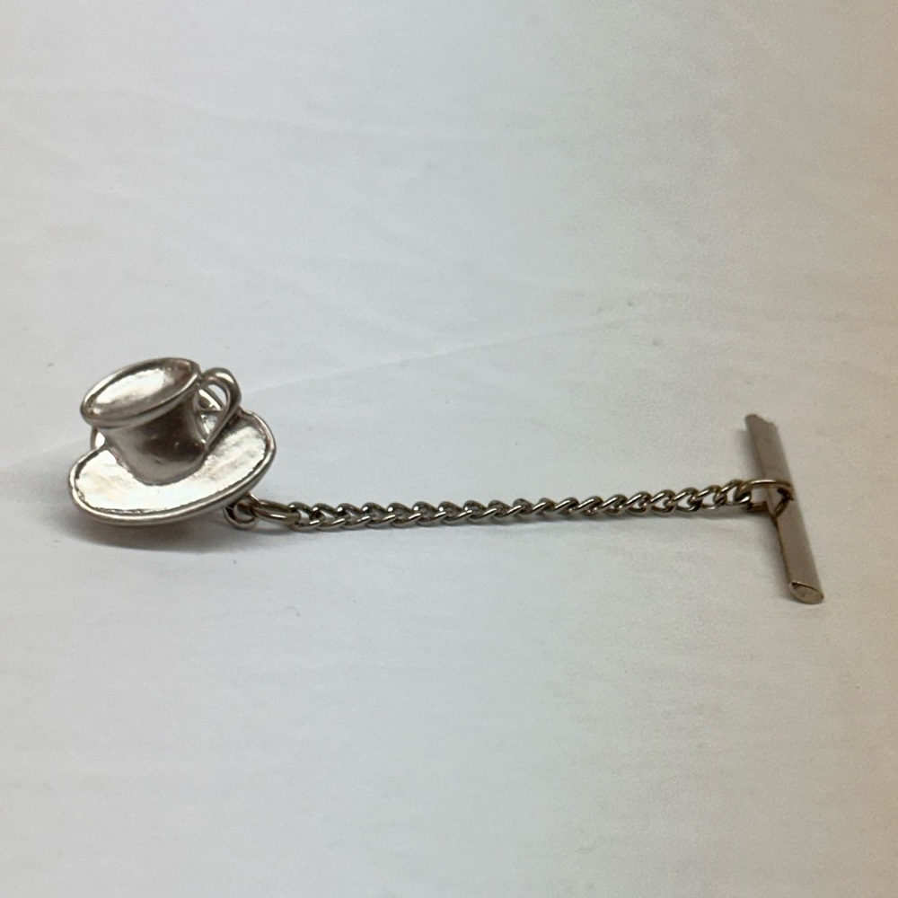 Silvertone Teacup Saucer Tie Tack w/Chain